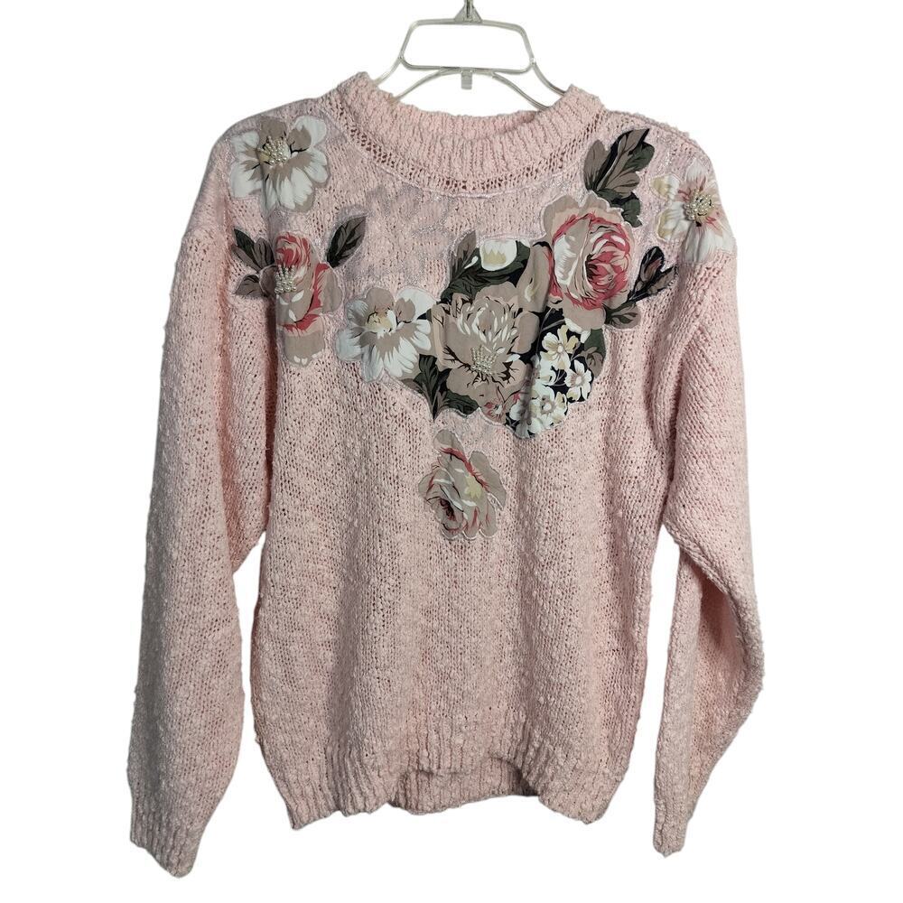 3161)Vintage Baby Pink Knitted Floral Appliques Pullover Sweater Medium?
